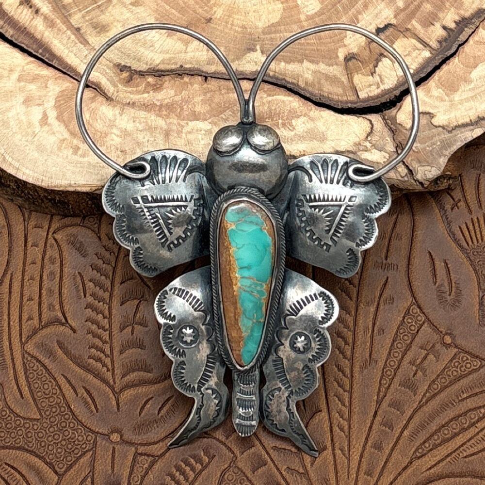 JOE EBY Southwest Style Sterling Silver Royston Turquoise Butterfly Pin Pendant